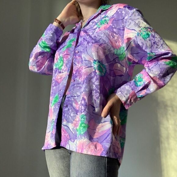 Vintage 80’s Women’s Purple Pink Satin Floral Oversized Button Down Blouse M - Picture 2 of 7